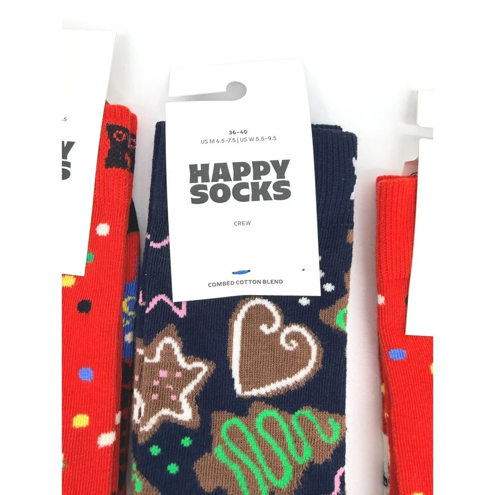 Happy Socks Womens Holiday Crew Socks Christmas Tree Gingerbread Navy Red 4 Pair
